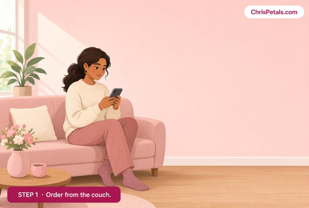 Step 1, order from the couch. Step 2, place the order. Step 3, the bouquet is delivered to mom.