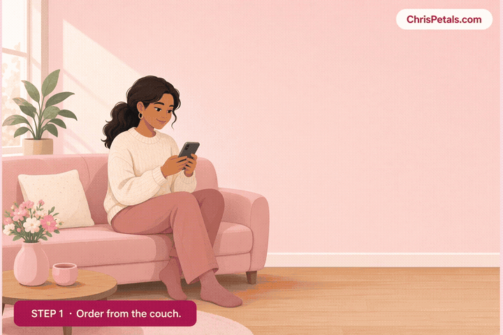 Step 1, order from the couch. Step 2, place the order. Step 3, the bouquet is delivered to mom.